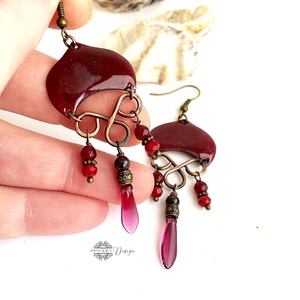 Medúza - tűzzománc fülbevaló (meggybordó) - ékszer - fülbevaló - lógó fülbevaló - Meska.hu
