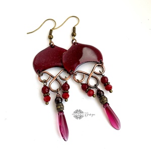 Medúza - tűzzománc fülbevaló (meggybordó) - ékszer - fülbevaló - lógó fülbevaló - Meska.hu