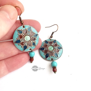 Mandala - tűzzománc fülbevaló (világos türkiz) - ékszer - fülbevaló - lógós kerek fülbevaló - Meska.hu
