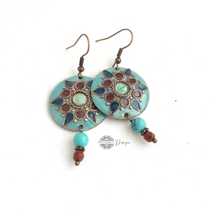 Mandala - tűzzománc fülbevaló (világos türkiz), Ékszer, Fülbevaló, Lógós kerek fülbevaló, Tűzzománc, Ötvös, MESKA