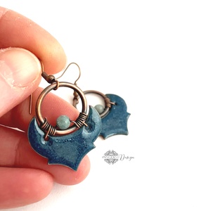 Dára - tűzzománc-réz fülbevaló - petrolkék - ékszer - fülbevaló - lógó fülbevaló - Meska.hu