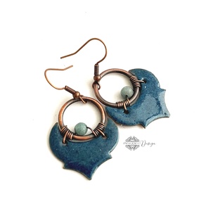 Dára - tűzzománc-réz fülbevaló - petrolkék, Ékszer, Fülbevaló, Lógó fülbevaló, Tűzzománc, Ötvös, MESKA