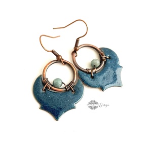 Dára - tűzzománc-réz fülbevaló - petrolkék - ékszer - fülbevaló - lógó fülbevaló - Meska.hu