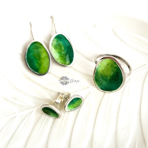 Grado -  ezüst fülbevaló tűzzománccal - zöld - ékszer - fülbevaló - lógó fülbevaló - Meska.hu