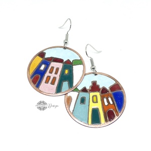 Hundertwasser - színes házikó - tűzzománc fülbevaló  - Meska.hu