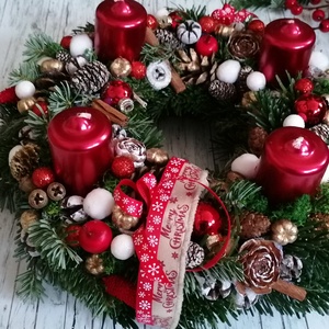 Adventi koszorú 8-as metál piros gyertyákkal - karácsony - adventi díszek - adventi koszorú - Meska.hu