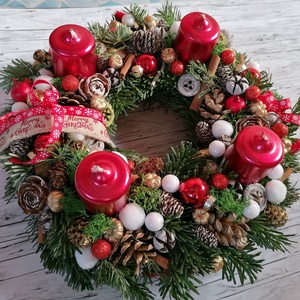 Adventi koszorú 8-as metál piros gyertyákkal - karácsony - adventi díszek - adventi koszorú - Meska.hu