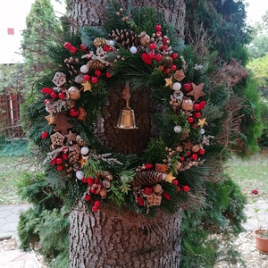 Karácsonyi nap koszorú, kopogtató haranggal - karácsony - adventi díszek - adventi gyertyadíszek és koszorúdíszek - Meska.hu