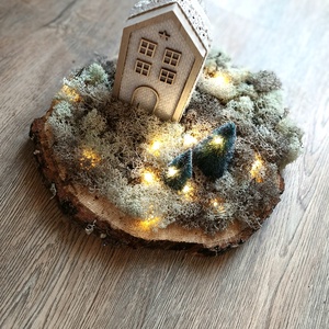 Házikó és zuzmó asztaldísz, diorama, éjjeli fény - karácsony - karácsonyi lakásdekoráció - karácsonyi falu, házikó - Meska.hu