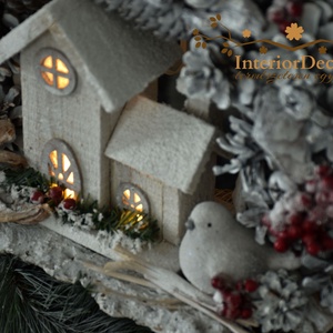 Kopogtató világító havas házikóval és madárkával - karácsony - adventi díszek - adventi ajtódísz - Meska.hu