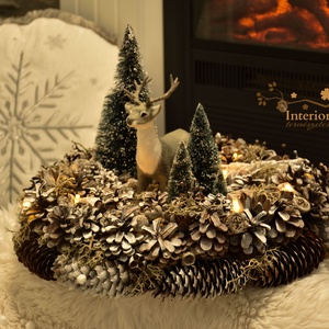 HATALMAS szürke szarvasos világítós asztali koszorú, Karácsony, Adventi díszek, Adventi gyertyadíszek és koszorúdíszek, Virágkötés, MESKA