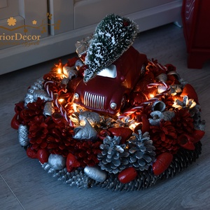 Nagyméretű piros-ezüst autós világítós asztali koszorú - karácsony - adventi díszek - adventi gyertyadíszek és koszorúdíszek - Meska.hu