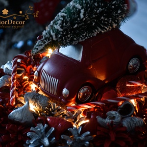 Nagyméretű piros-ezüst autós világítós asztali koszorú - karácsony - adventi díszek - adventi gyertyadíszek és koszorúdíszek - Meska.hu