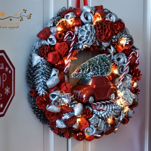 Hatalmas méretű piros-ezüst autós világítós kopogtató - karácsony - adventi díszek - adventi gyertyadíszek és koszorúdíszek - Meska.hu