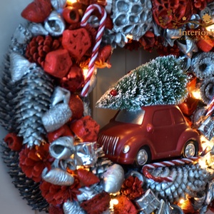 Hatalmas méretű piros-ezüst autós világítós kopogtató - karácsony - adventi díszek - adventi gyertyadíszek és koszorúdíszek - Meska.hu