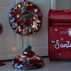 Hatalmas méretű piros-ezüst autós világítós kopogtató - karácsony - adventi díszek - adventi gyertyadíszek és koszorúdíszek - Meska.hu