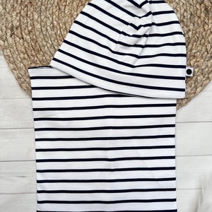 Gyermek sapka, csősál csomag - sötétkék-fehér csíkos - ruha & divat - sál, sapka, kendő - sapka & sál szett - Meska.hu