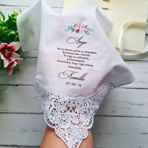 Emlékkendő csipke díszítéssel - szülőköszöntő, tanúfelkérő, egyedi ajándék különleges alkalmakra, Esküvő, Emlék & Ajándék, Szülőköszöntő ajándék, Decoupage, transzfer és szalvétatechnika, Fotó, grafika, rajz, illusztráció, MESKA