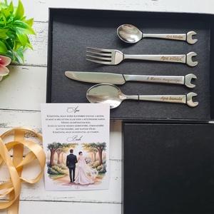 Szeretetből összerakva - Egyedi villáskulcs evőeszköz szett Apáknak, Esküvő, Emlék & Ajándék, Szülőköszöntő ajándék, Fotó, grafika, rajz, illusztráció, Gravírozás, pirográfia, MESKA