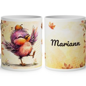 Névvel kérhető - Cuki őszi táncoló kismadár mintás bögre - Meska.hu