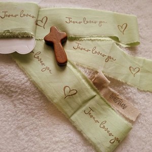 Kézzel festett és bélyegzett, tépett, pamutszalag, Bibliai, igés, felirattal- zöld-020, Kellékek & szerszámok, Rövidáru, Szalag, pánt, Textilszalag, , MESKA