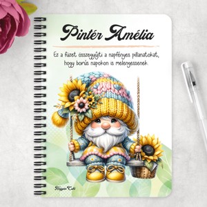Személyre szabható - Szép szemű hintázó napraforgós manó mintás A6-os füzet - otthon & életmód - papír, írószer - jegyzetfüzet & napló - Meska.hu