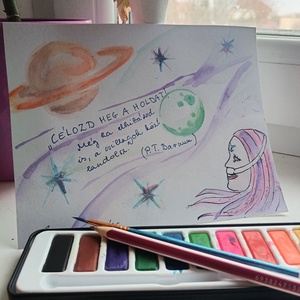 Célozd meg a Holdat � egyedi, kézzel festett akvarell képeslap, Otthon & Életmód, Papír, írószer, Ajándékozás kellékei, Képeslap, üdvözlőlap, Festészet, Fotó, grafika, rajz, illusztráció, MESKA