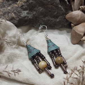 'Babó' kézműves fülbevaló térképjáspissal és kókuszgyöngyökkel, Ékszer, Fülbevaló, Lógó fülbevaló, Ékszerkészítés, Gyöngyfűzés, gyöngyhímzés, MESKA