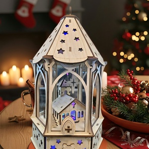 Karácsonyi lámpás templommal, Karácsony, Karácsonyi lakásdekoráció, Karácsonyi fénydekoráció, Famegmunkálás, MESKA