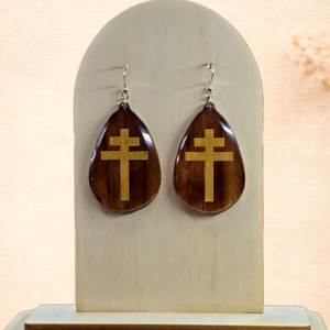 Aranykereszt � amerikai fekete dió fülbevaló, Ékszer, Fülbevaló, Lógó csepp fülbevaló, Ékszerkészítés, Famegmunkálás, MESKA