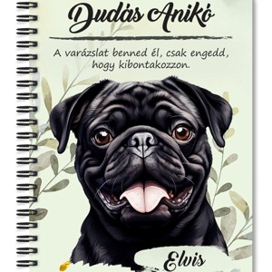 Személyre szabható - Fekete mopsz portré mintás A6-os füzet, Otthon & Életmód, Papír, írószer, Jegyzetfüzet & Napló, , MESKA