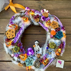 Őszi Halloween ajtódísz, világító halloween kopogtató, dekoráció - otthon & életmód - dekoráció - ajtó- és ablak dekoráció - ajtódísz & kopogtató - Meska.hu