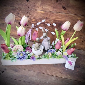 Tavaszi vintage nyuszi asztaldísz, húsvéti tulipán dekoráció - otthon & életmód - dekoráció - asztal és polc dekoráció - asztaldísz - Meska.hu