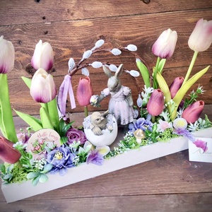 Tavaszi vintage nyuszi asztaldísz, húsvéti tulipán dekoráció - otthon & életmód - dekoráció - asztal és polc dekoráció - asztaldísz - Meska.hu