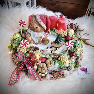 AKCIÓ! Adventi koszorú, világító koszorú,  Maci világító  adventi koszorú, Karácsonyi dekoráció, asztaldísz - karácsony - adventi díszek - adventi koszorú - Meska.hu