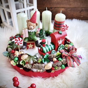 Világító retro mackó adventi koszorú, karácsonyi asztaldísz  - karácsony - adventi díszek - adventi koszorú - Meska.hu