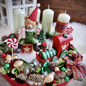 Világító retro mackó adventi koszorú, karácsonyi asztaldísz  - karácsony - adventi díszek - adventi koszorú - Meska.hu