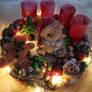 Adventi koszorú, világító koszorú,  Maci világító  adventi koszorú, Karácsonyi dekoráció, asztaldísz - karácsony - adventi díszek - adventi koszorú - Meska.hu