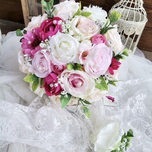 Pasztell magenta  menyasszonyi csokor, örökcsokor, selyemvirág csokor kitűzővel (Kék_pasztell) - esküvő - menyasszonyi- és dobócsokor - Meska.hu