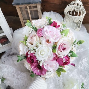 Pasztell magenta  menyasszonyi csokor, örökcsokor, selyemvirág csokor kitűzővel (Kék_pasztell) - esküvő - menyasszonyi- és dobócsokor - Meska.hu