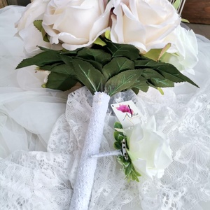 Pasztell magenta  menyasszonyi csokor, örökcsokor, selyemvirág csokor kitűzővel (Kék_pasztell) - esküvő - menyasszonyi- és dobócsokor - Meska.hu