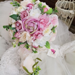 púder nude rózsaszín  menyasszonyi csokor, örökcsokor, selyemvirág csokor kitűzővel (Gyöngy_pasztell) - esküvő - menyasszonyi- és dobócsokor - Meska.hu