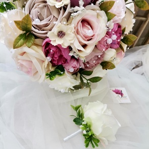 Gyöngyös Pasztell magenta menyasszonyi csokor, örökcsokor, selyemvirág csokor kitűzővel (Gyöngy_magenta_nude) - esküvő - menyasszonyi- és dobócsokor - Meska.hu