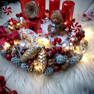 LED-es Világító, maci adventi koszorú, mackó adventi dísz - karácsony - adventi díszek - adventi koszorú - Meska.hu