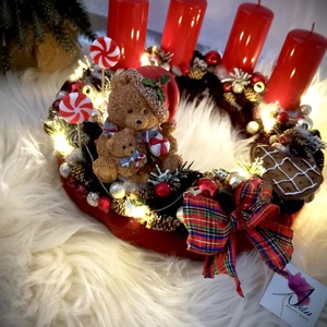 LED-es Világító, maci adventi koszorú, mackó adventi dísz - karácsony - adventi díszek - adventi koszorú - Meska.hu