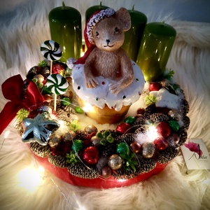 LED-es Világító, muffin egér adventi koszorú, egérke adventi dísz - karácsony - adventi díszek - adventi koszorú - Meska.hu