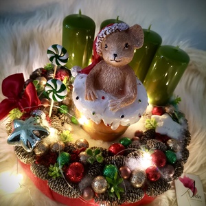 LED-es Világító, muffin egér adventi koszorú, egérke adventi dísz - karácsony - adventi díszek - adventi koszorú - Meska.hu