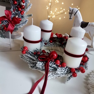 Fenyő adventi koszorú piros 3D hatású Havas  - karácsony - adventi díszek - adventi koszorú - Meska.hu