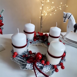 Fenyő adventi koszorú piros 3D hatású Havas  - karácsony - adventi díszek - adventi koszorú - Meska.hu