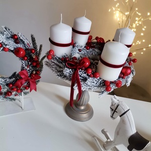 Fenyő adventi koszorú piros 3D hatású Havas , Karácsony, Adventi díszek, Adventi koszorú, Mindenmás, MESKA